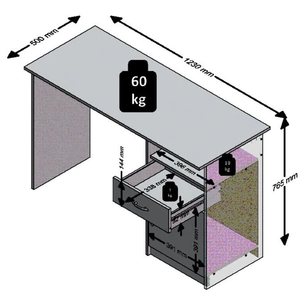 FMD Bureau met 1 lade 123x50x76,5 cm betonkleurig en wit