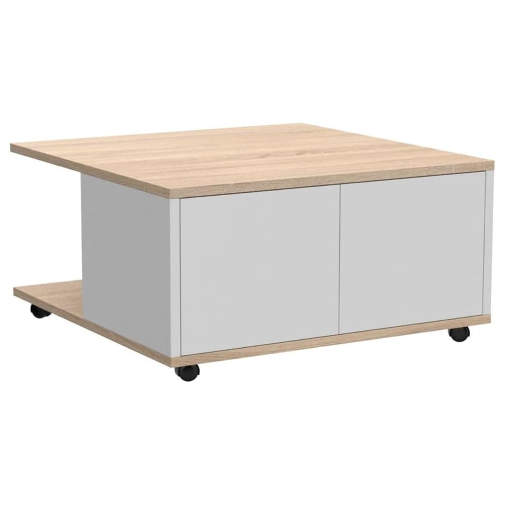 FMD Salontafel verplaatsbaar 70x70x36 cm eikenkleurig en glanzend wit