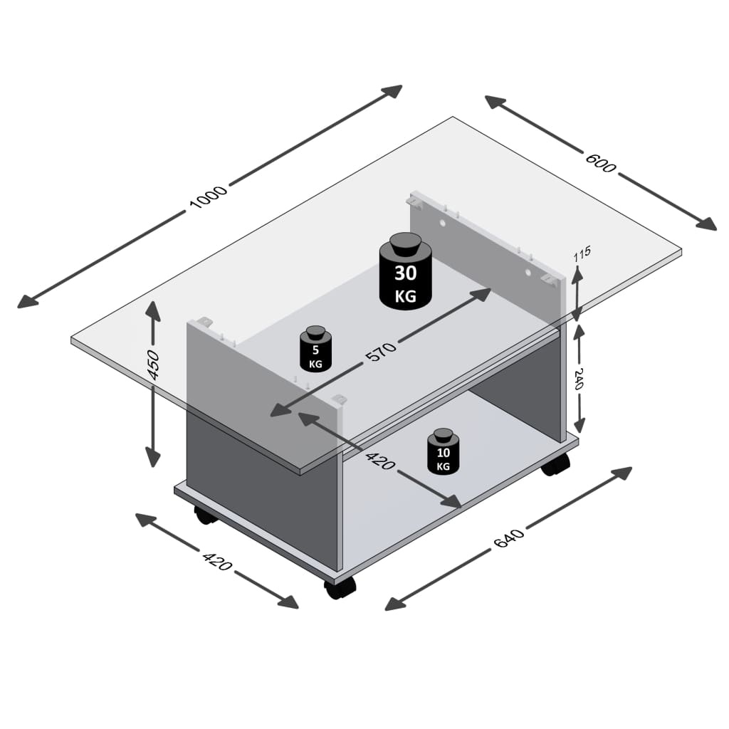 FMD Salontafel met wieltjes betongrijs en wit