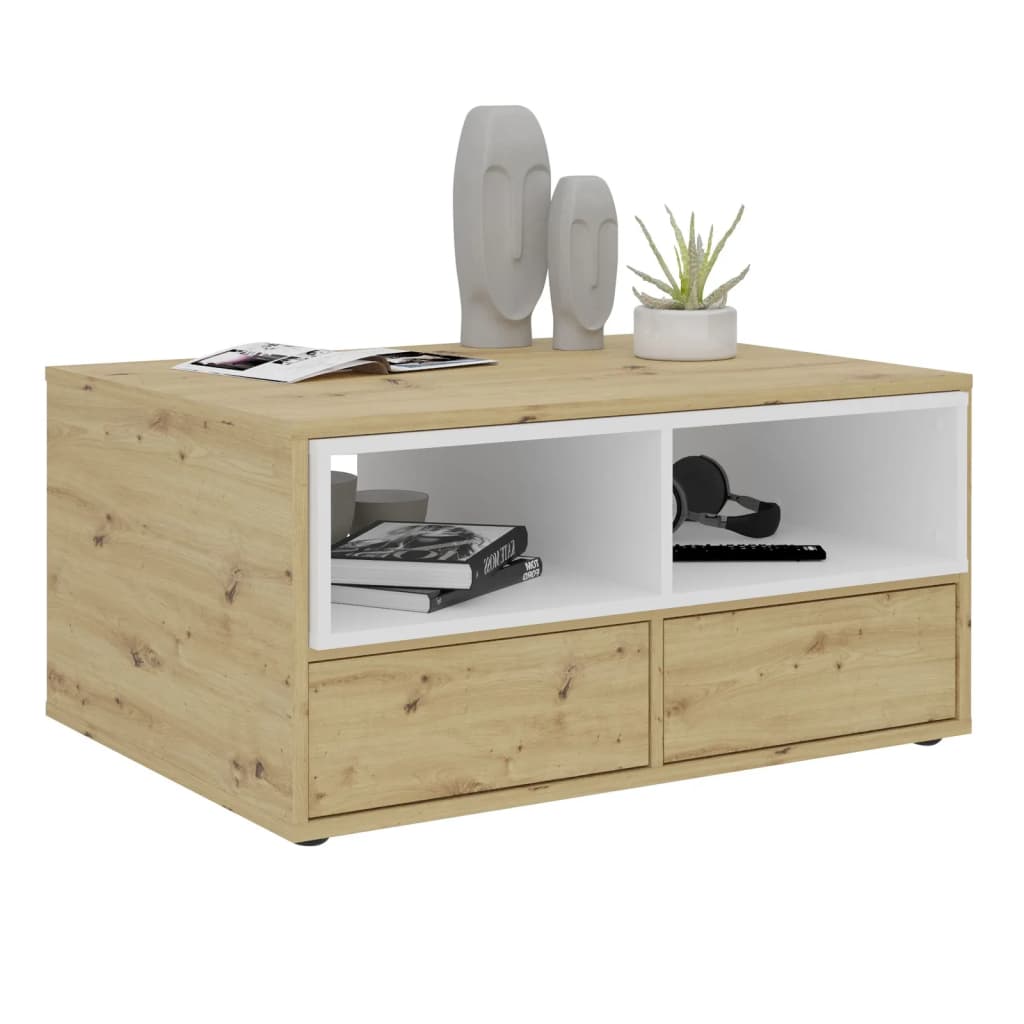 FMD Salontafel 2 open vakken 91,8x71,5x45 cm wit en artisan eiken