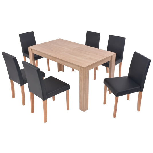 Eettafel met stoelen kunstleer en eikenhout zwart 7 st