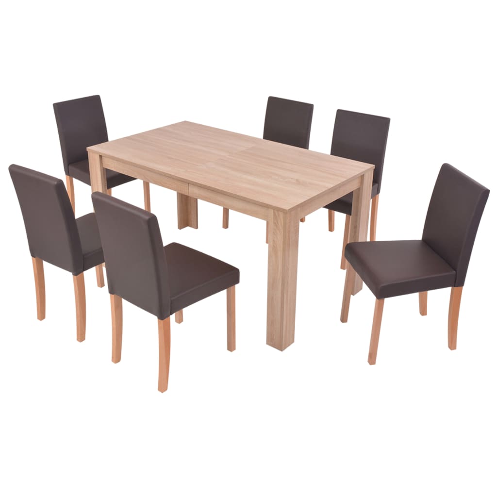 Eettafel met stoelen kunstleer en eikenhout bruin 7 st