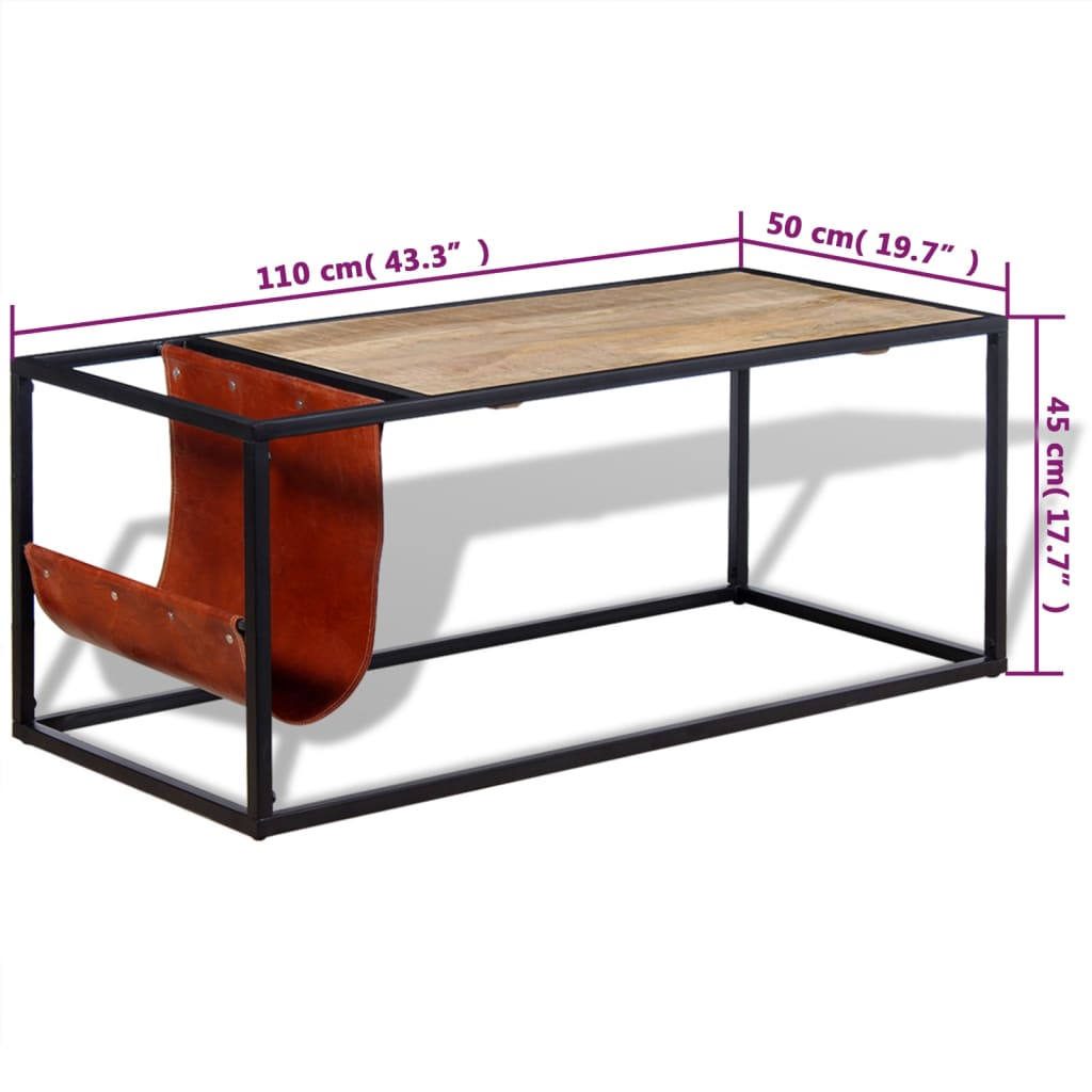 Salontafel met echt lederen tijdschriftenhouder 110x50x45 cm