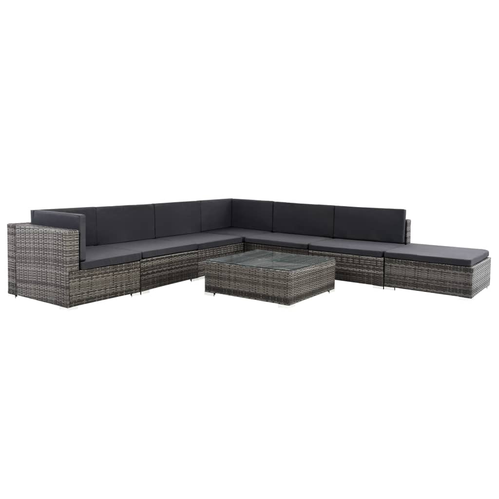 8-delige Loungeset met kussens poly rattan grijs