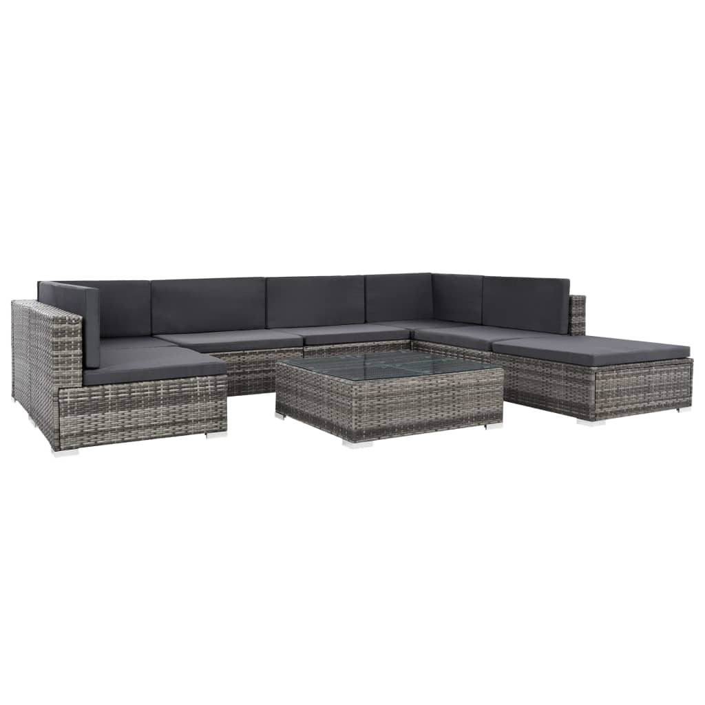 8-delige Loungeset met kussens poly rattan grijs