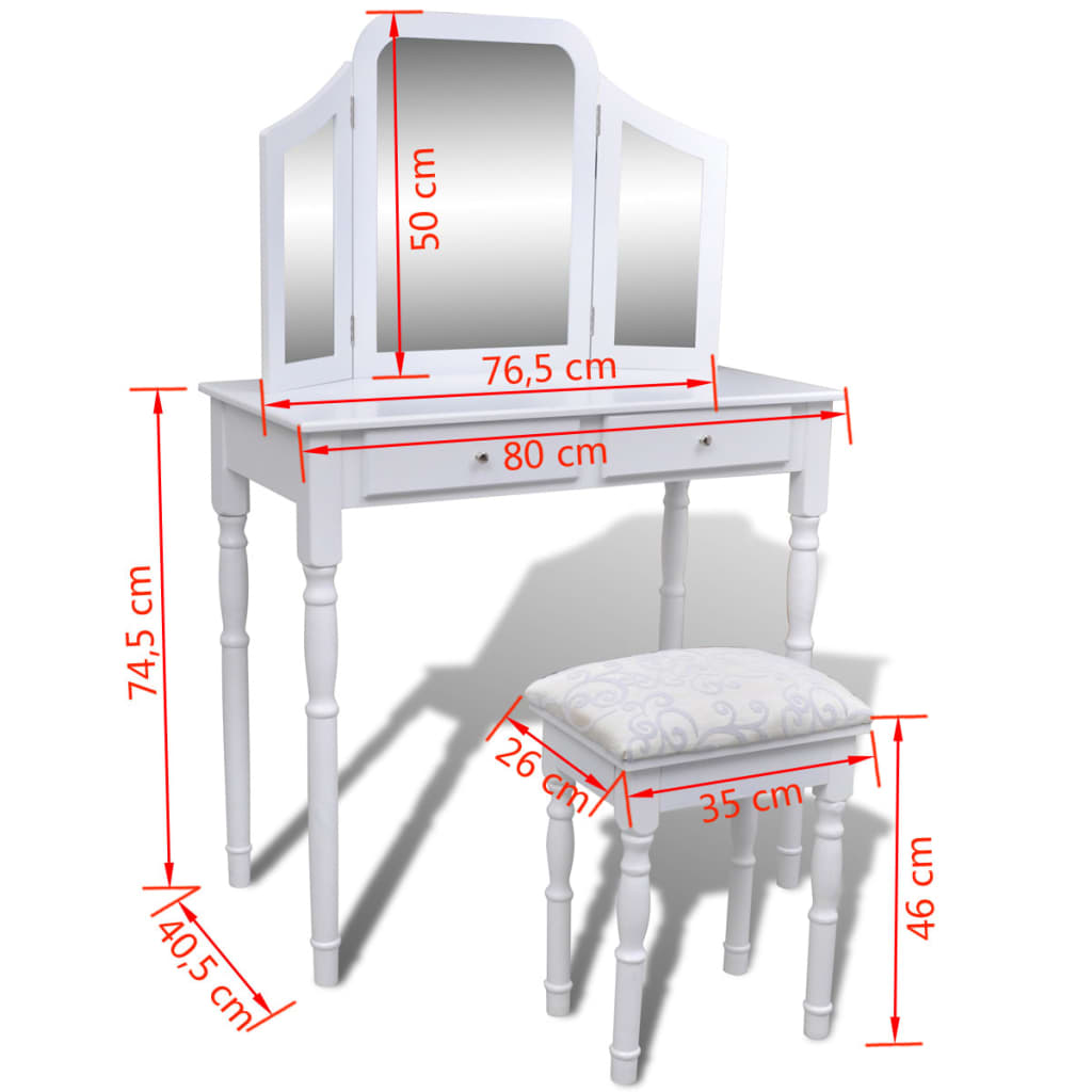 Kaptafel met 2 lades, 3-in-1 spiegel en krukje wit