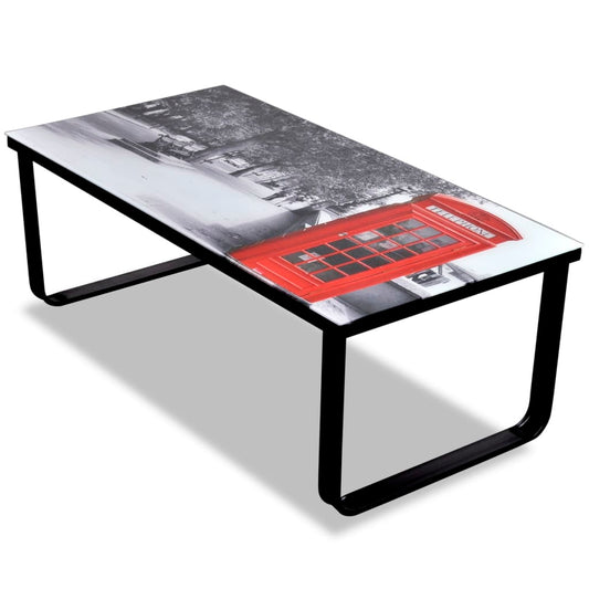 Salontafel met telefooncel-print glazen tafelblad