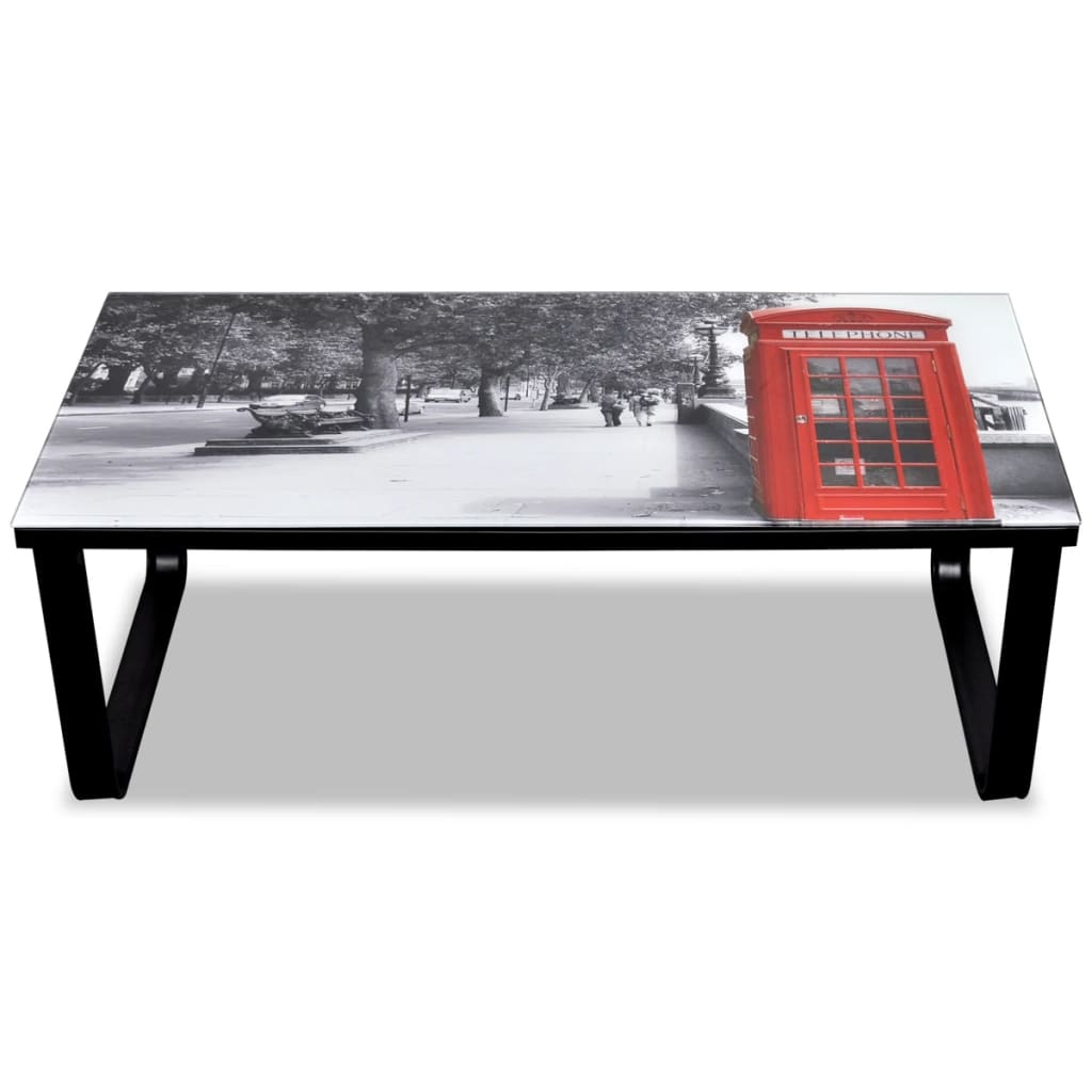 Salontafel met telefooncel-print glazen tafelblad