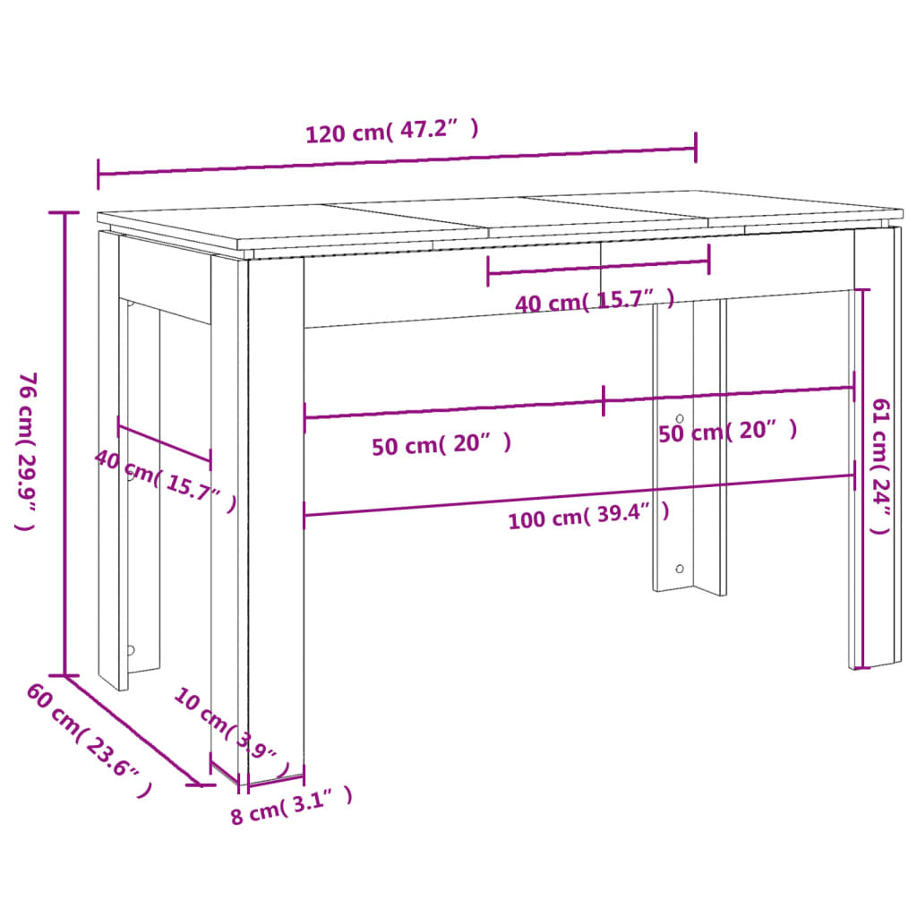 Eettafel 120x60x76 cm bewerkt hout wit