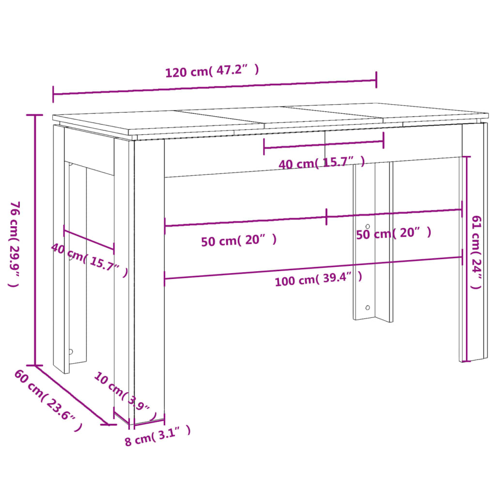 Eettafel 120x60x76 cm bewerkt hout hoogglans wit