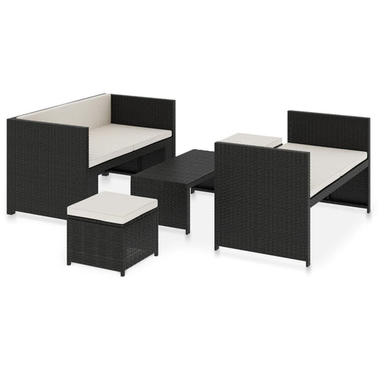 5-delige Loungeset met kussens poly rattan zwart