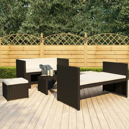 5-delige Loungeset met kussens poly rattan zwart