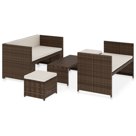 5-delige Loungeset met kussens poly rattan bruin