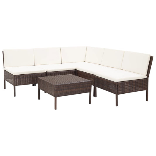 6-delige Loungeset met kussens poly rattan bruin