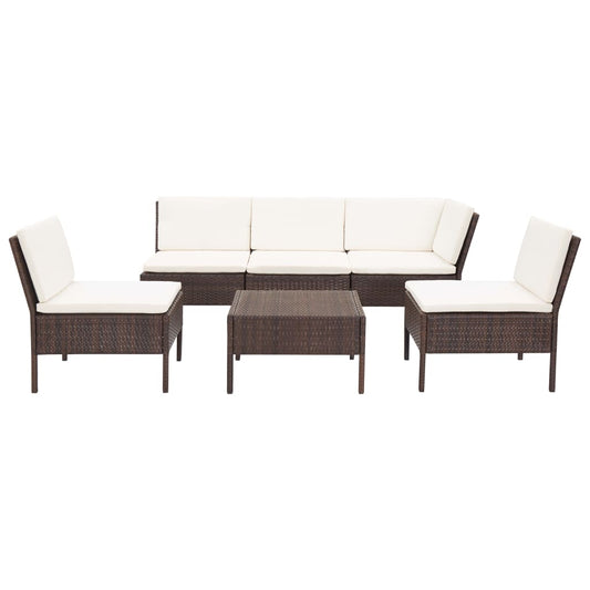 6-delige Loungeset met kussens poly rattan bruin