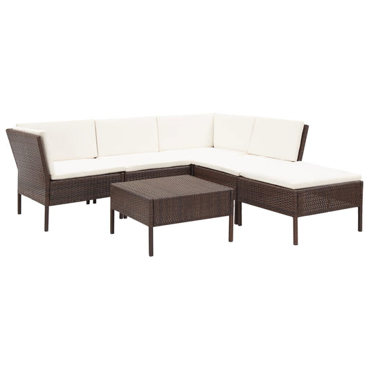 6-delige Loungeset met kussens poly rattan bruin