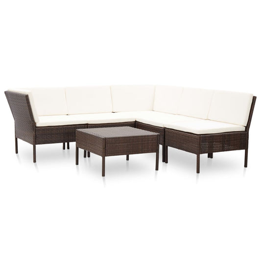 6-delige Loungeset met kussens poly rattan bruin