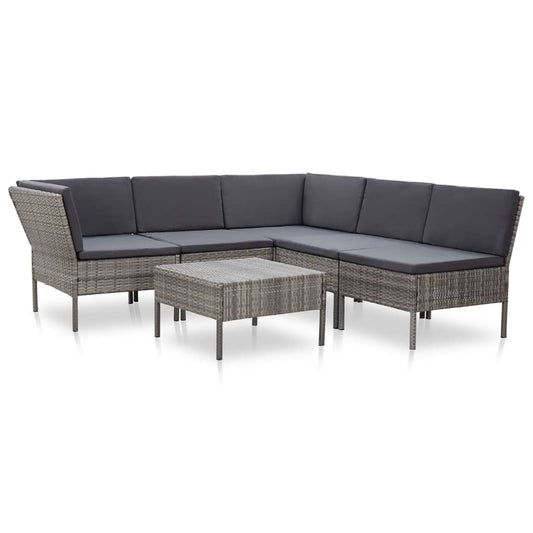 6-delige Loungeset met kussens poly rattan grijs