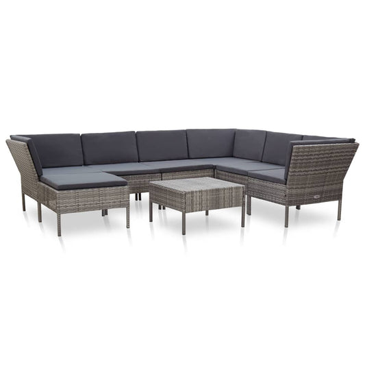 8-delige Loungeset met kussens poly rattan grijs