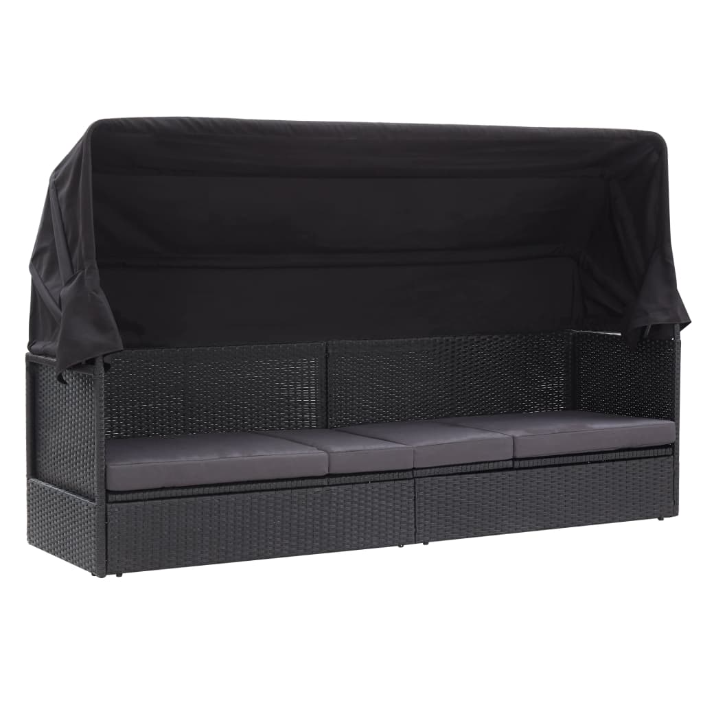 Loungebank met luifel poly rattan zwart