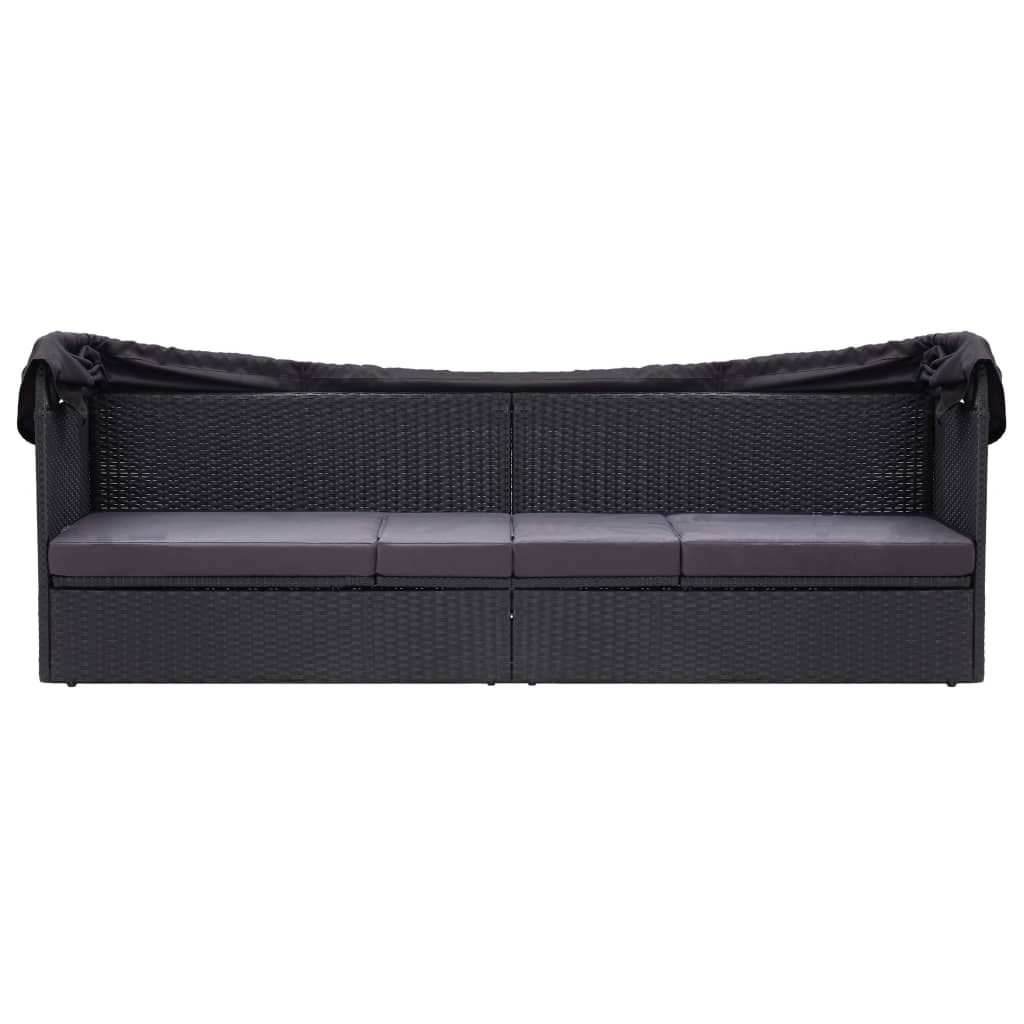 Loungebank met luifel poly rattan zwart