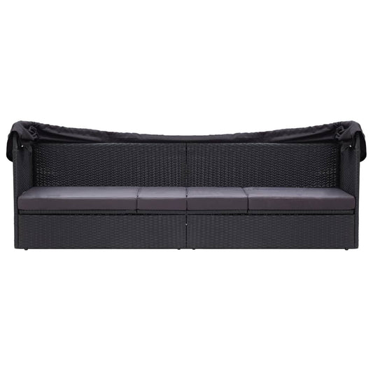 Loungebank met luifel poly rattan zwart