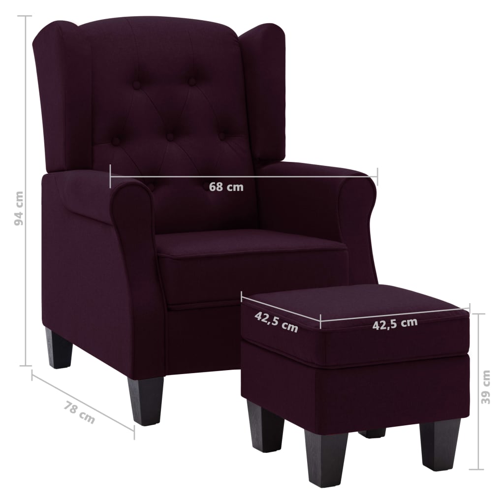 Fauteuil met voetenbankje stof paars