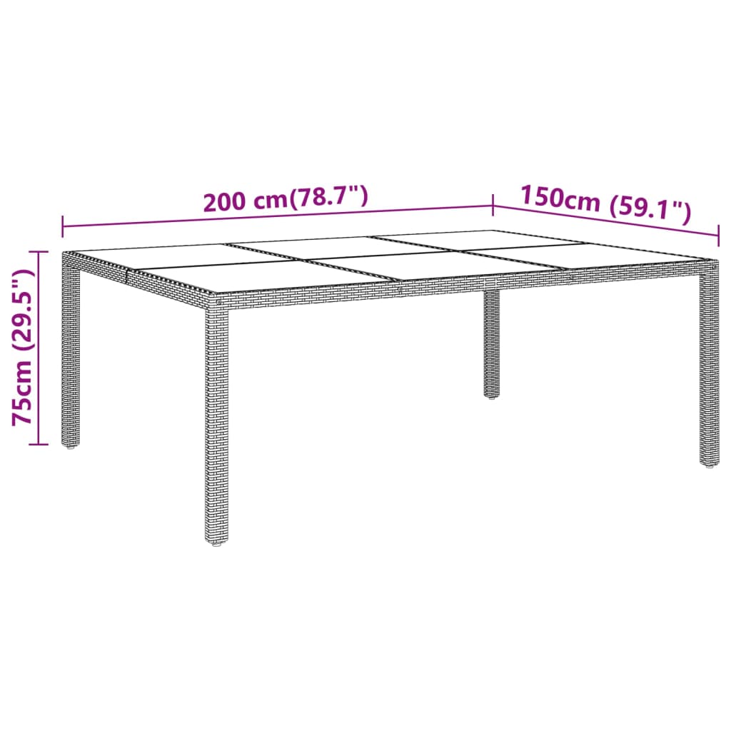 Tuintafel 200x150x75 cm gehard glas en poly rattan zwart