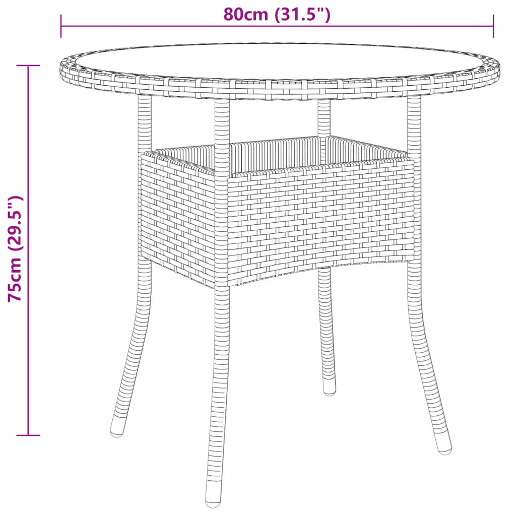 Tuintafel Ø80x75 cm gehard glas en poly rattan bruin