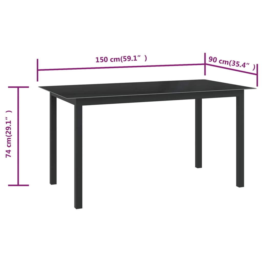 Tuintafel 150x90x74 cm aluminium en glas zwart