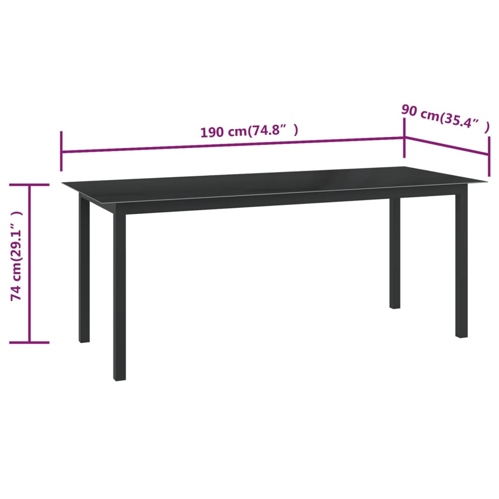 Tuintafel 190x90x74 cm aluminium en glas zwart