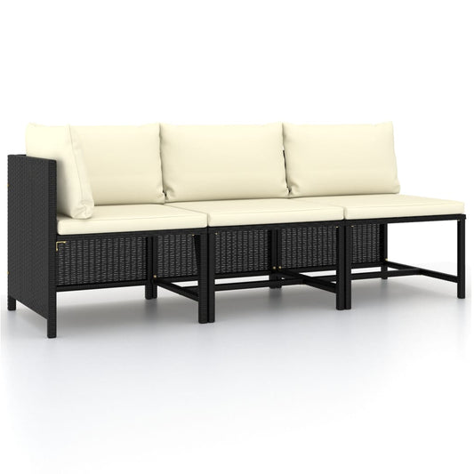 3-delige Loungeset met kussens poly rattan zwart