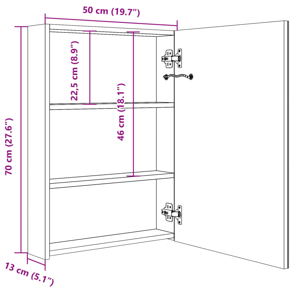 Badkamerkast met spiegel LED 50x13x70 cm glanzend zwart