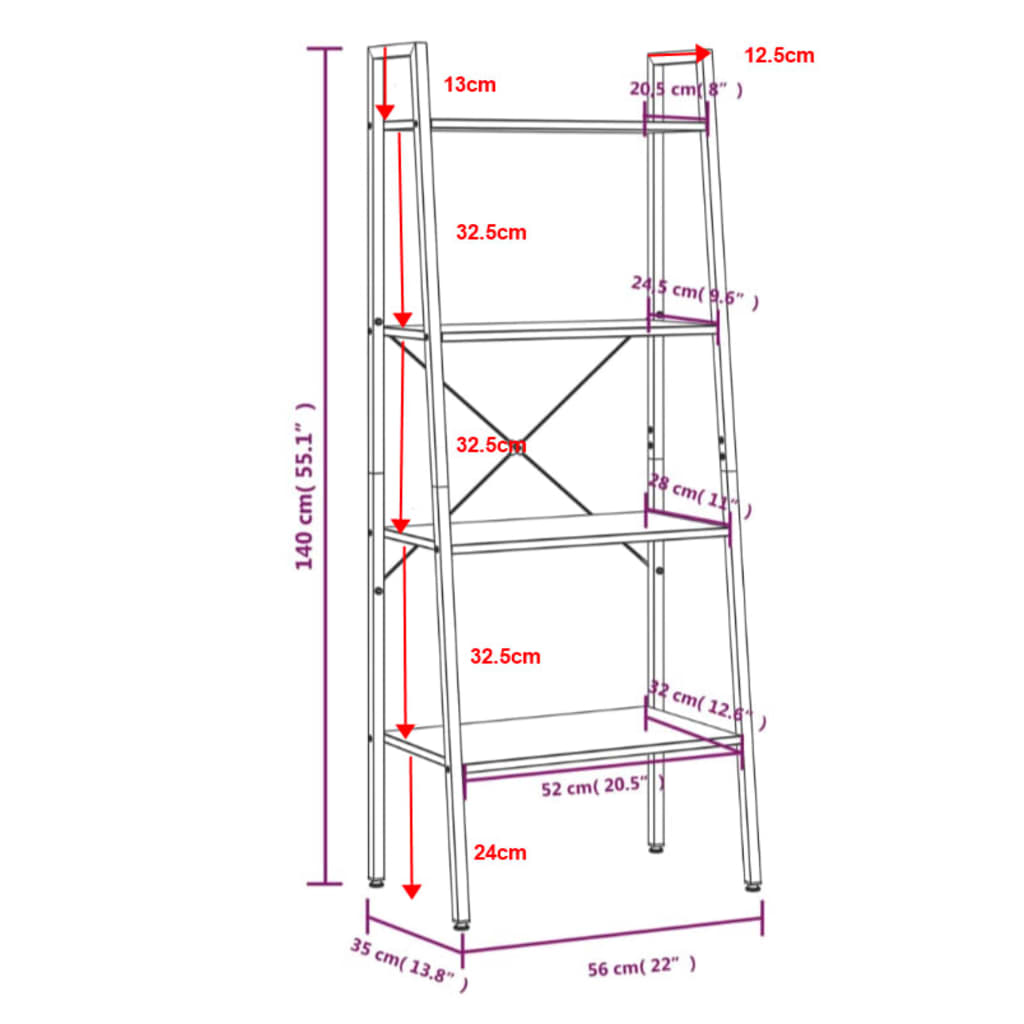 Ladderrek met 4 schappen 56x35x140 cm lichtbruin en zwart