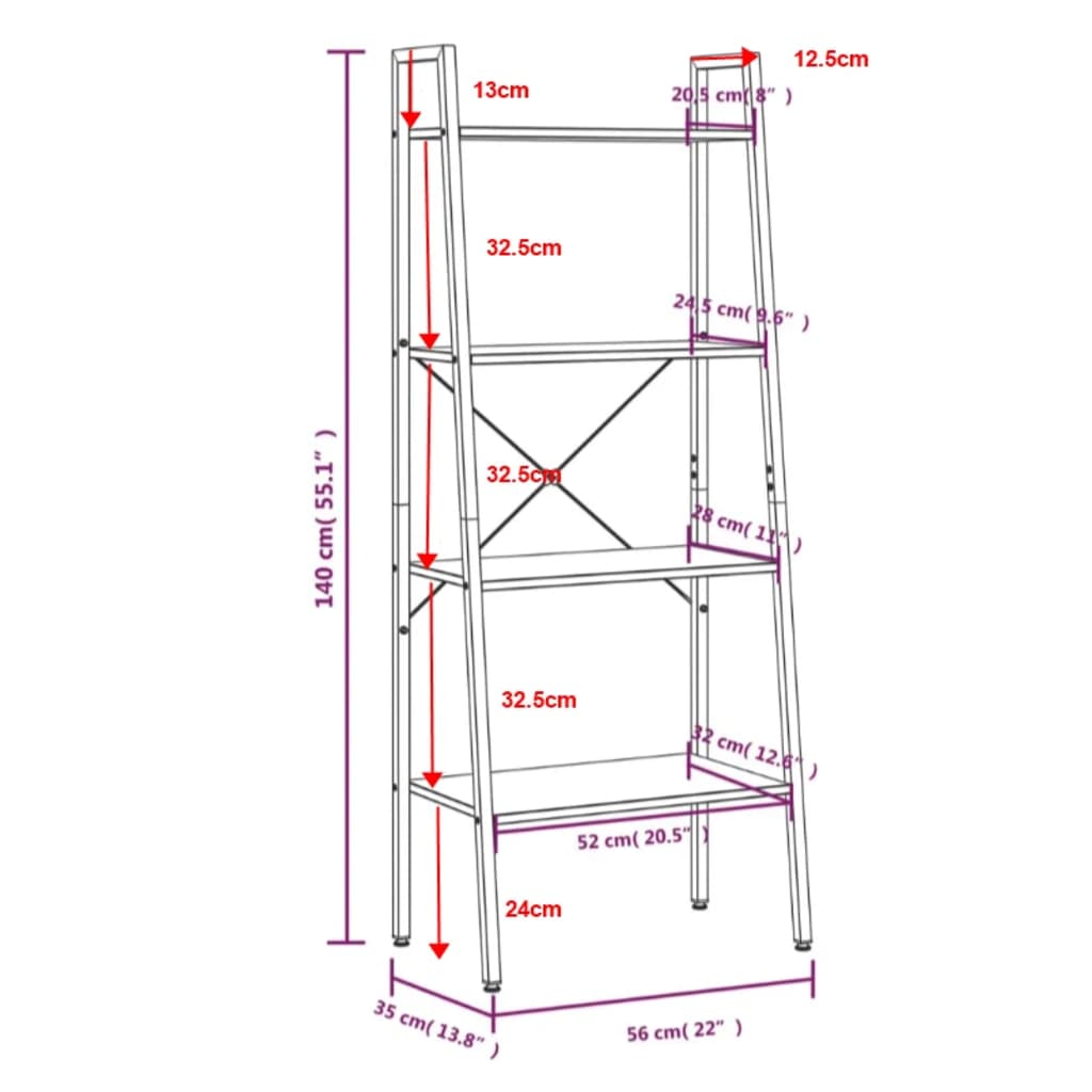 Ladderrek met 4 schappen 56x35x140 cm donkerbruin en zwart