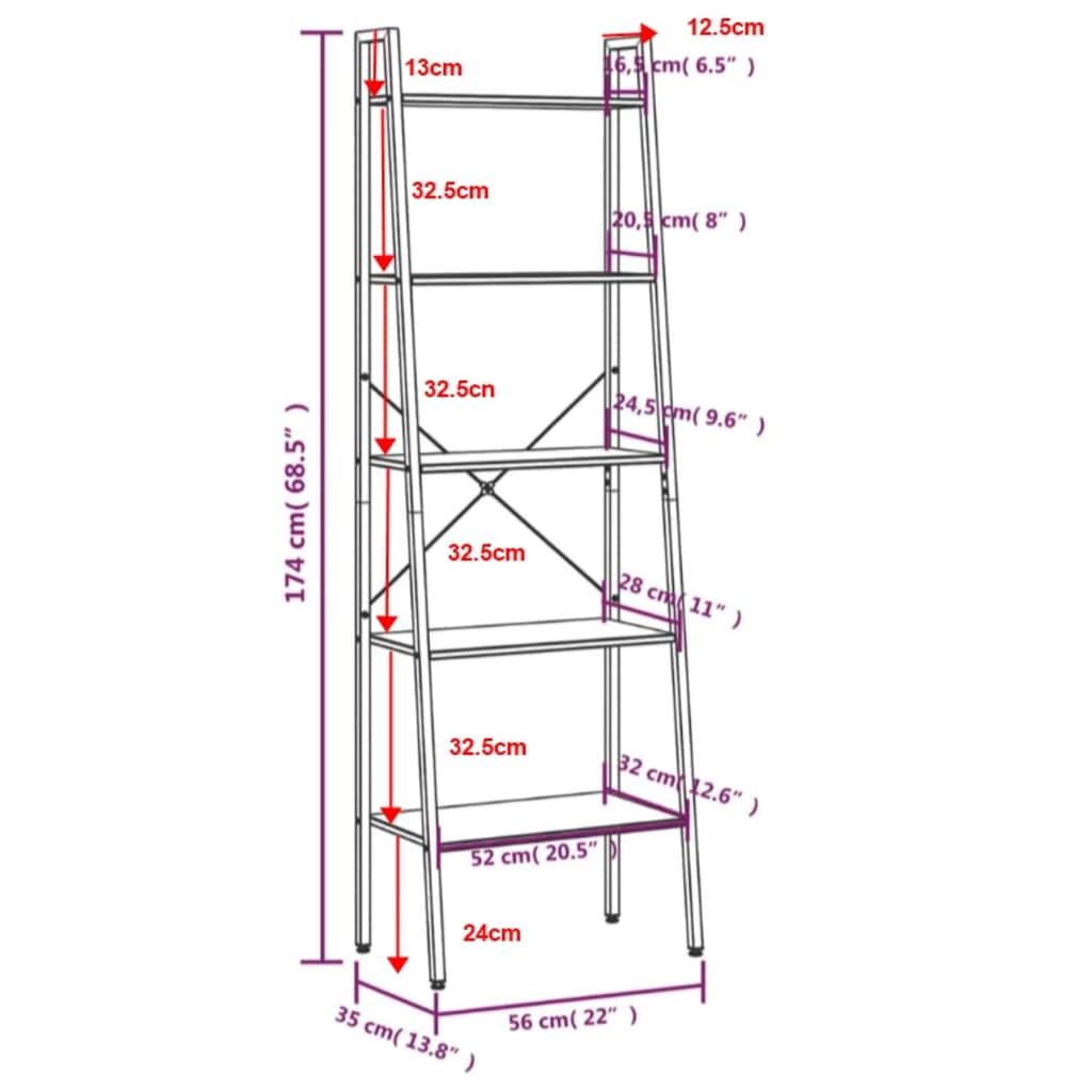 Ladderrek met 5 schappen 56x35x174 cm donkerbruin en zwart