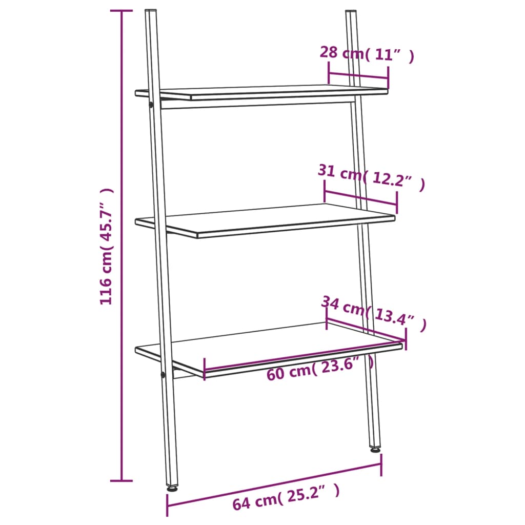 Ladderrek met 3 schappen 64x34x116 cm lichtbruin en zwart