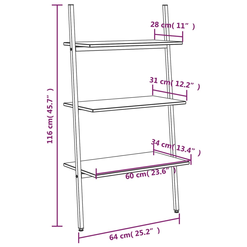 Ladderrek met 3 schappen 64x34x116 cm zwart