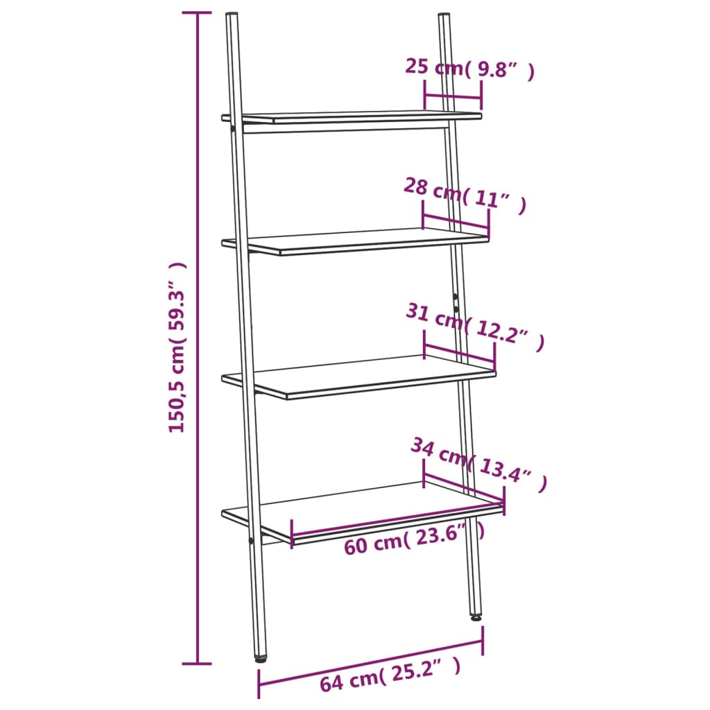 Ladderrek met 4 schappen 64x34x150,5 cm lichtbruin en zwart