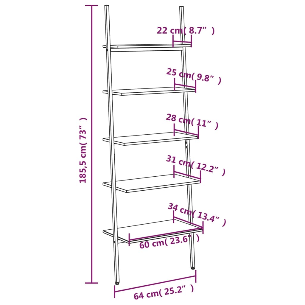 Ladderrek met 5 schappen 64x34x185,5 cm lichtbruin en zwart