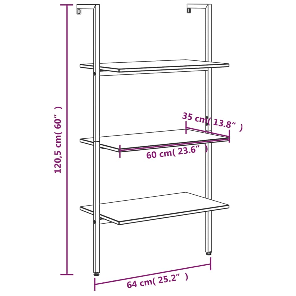 Ladderrek met 3 schappen 64x35x120,5 cm lichtbruin en zwart