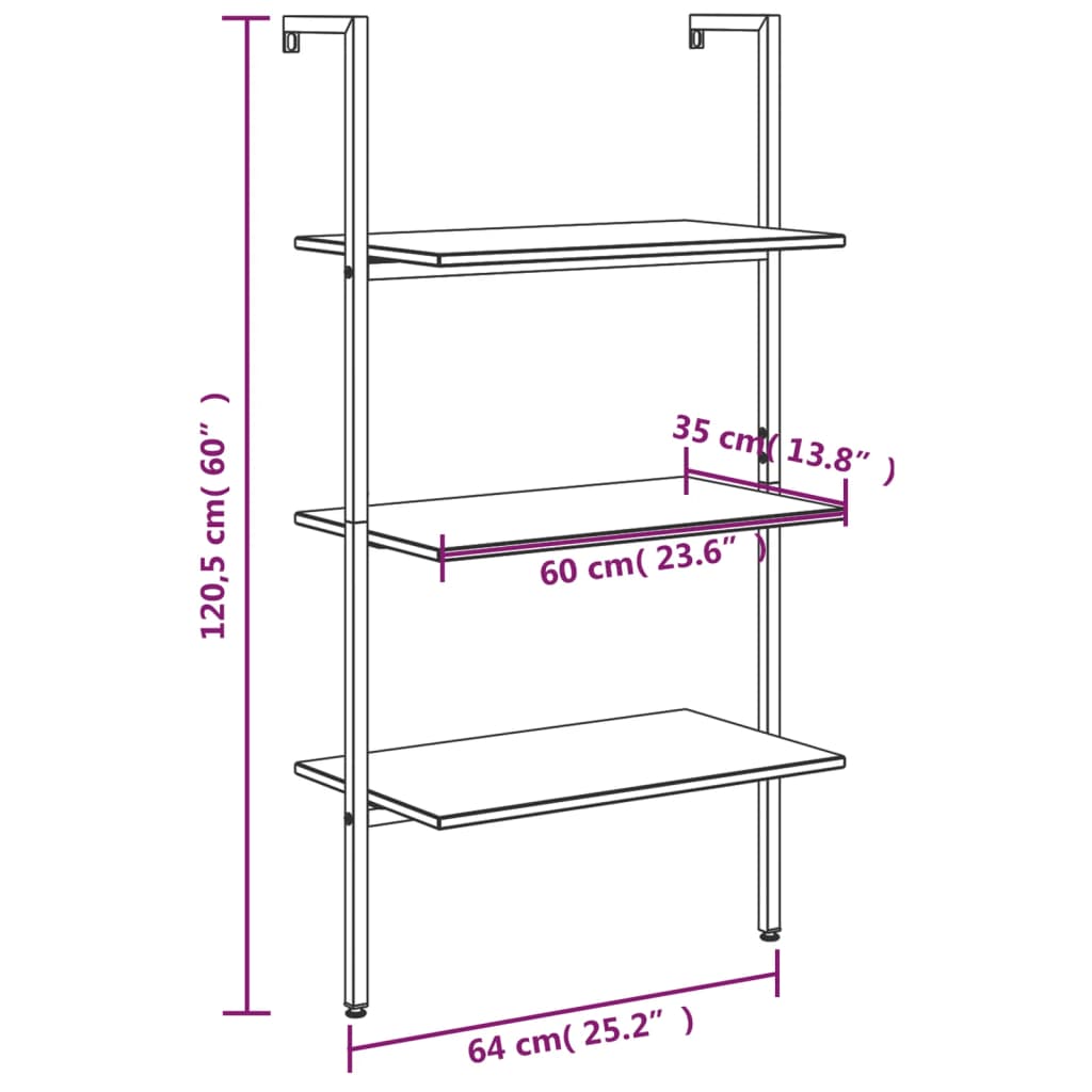 Ladderrek met 3 schappen 64x35x120,5 cm zwart