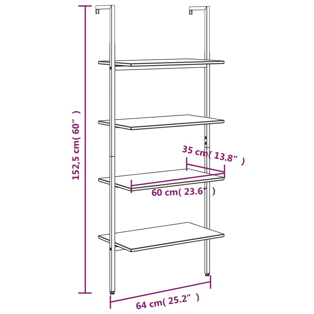 Ladderrek met 4 schappen 64x35x152,5 cm donkerbruin en zwart