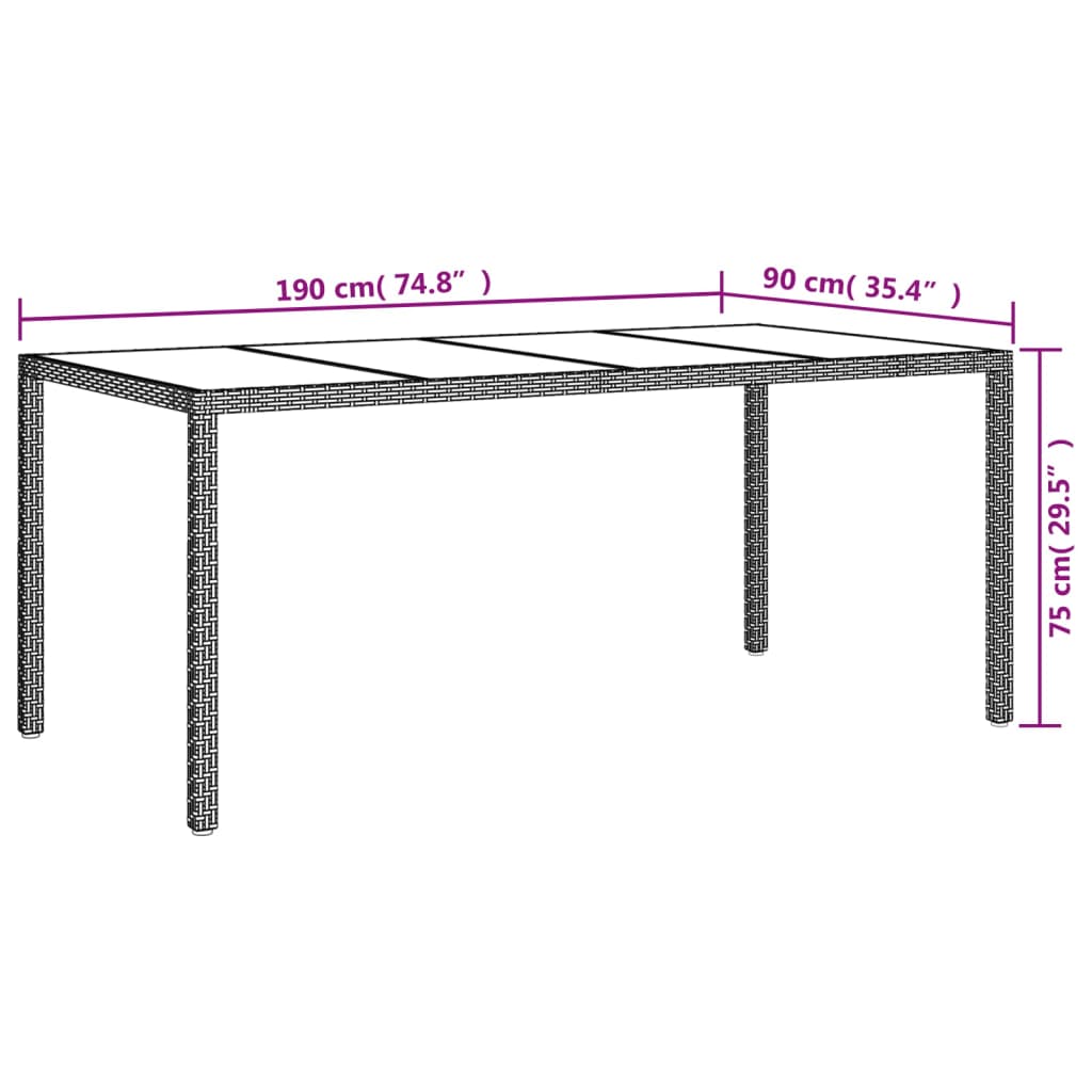 Tuintafel 190x90x75 cm gehard glas en poly rattan black