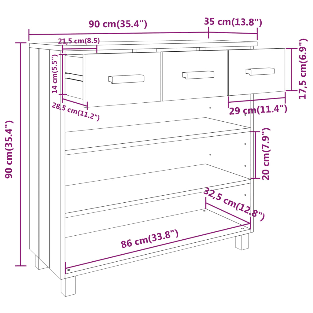 Wandtafel HAMAR 90x35x90 cm massief grenenhout honingbruin