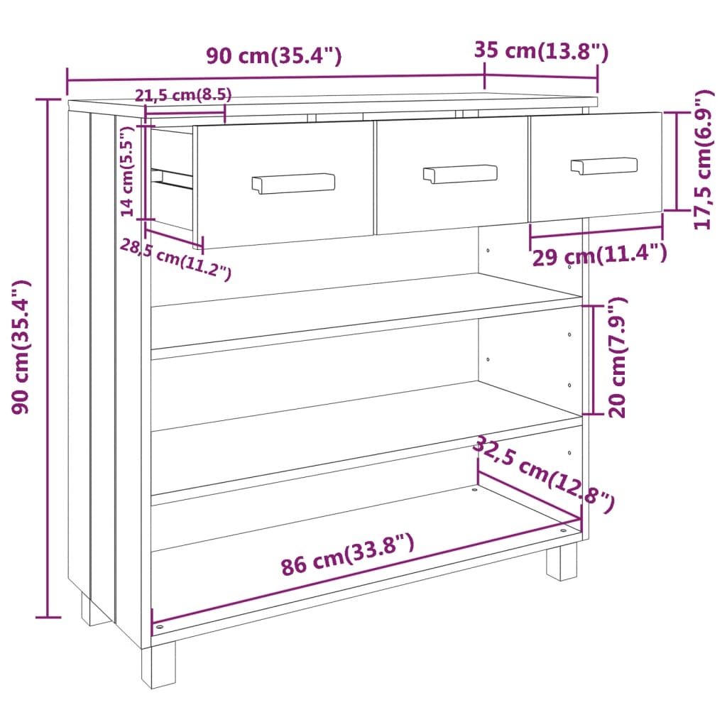 Wandtafel HAMAR 90x35x90 cm massief grenenhout wit