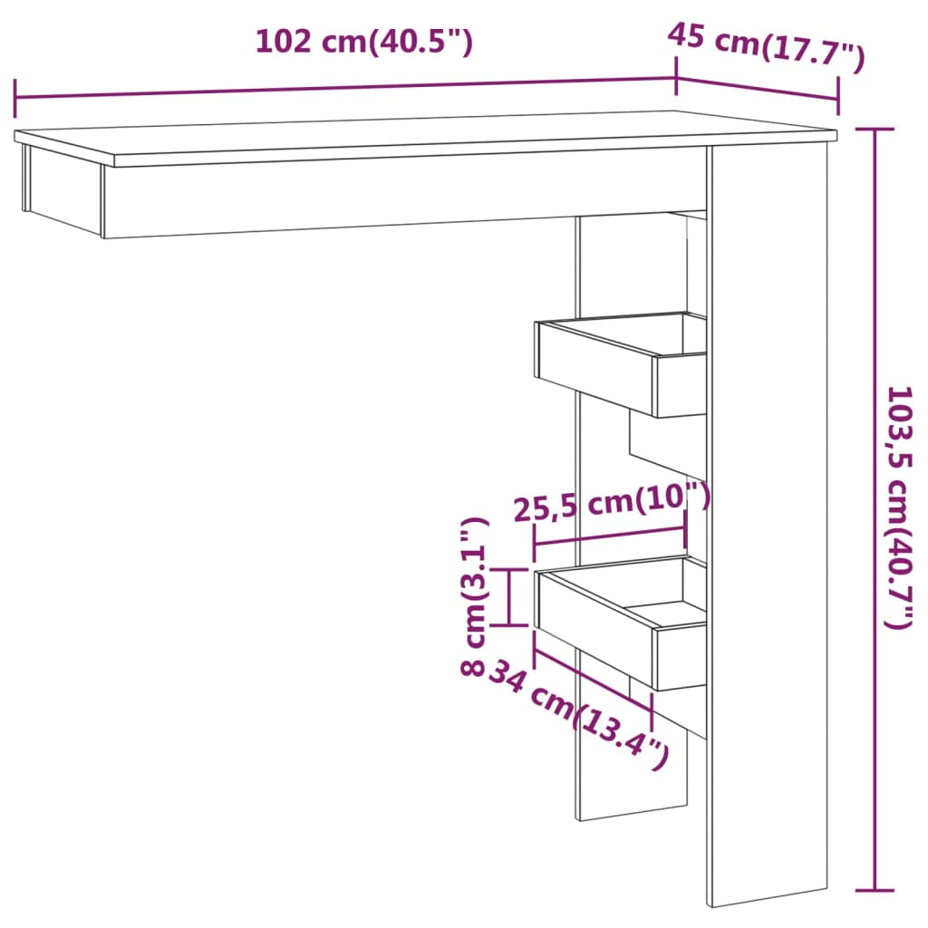 Bartafel wandgemonteerd 102x45x103,5 cm bewerkt hout wit