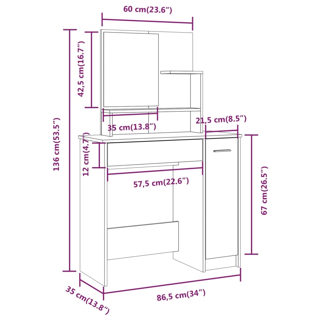 Kaptafel met spiegel 86,5x35x136 cm wit