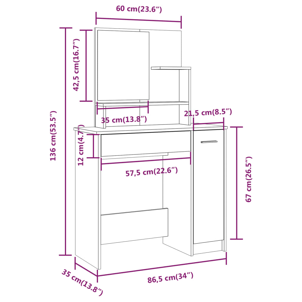 Kaptafel met spiegel 86,5x35x136 cm hoogglans wit