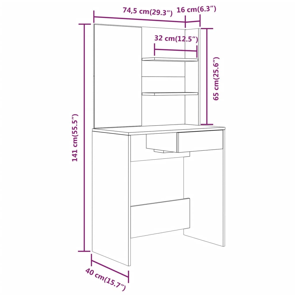 Kaptafel met spiegel 74,5x40x141 cm gerookt eikenkleurig